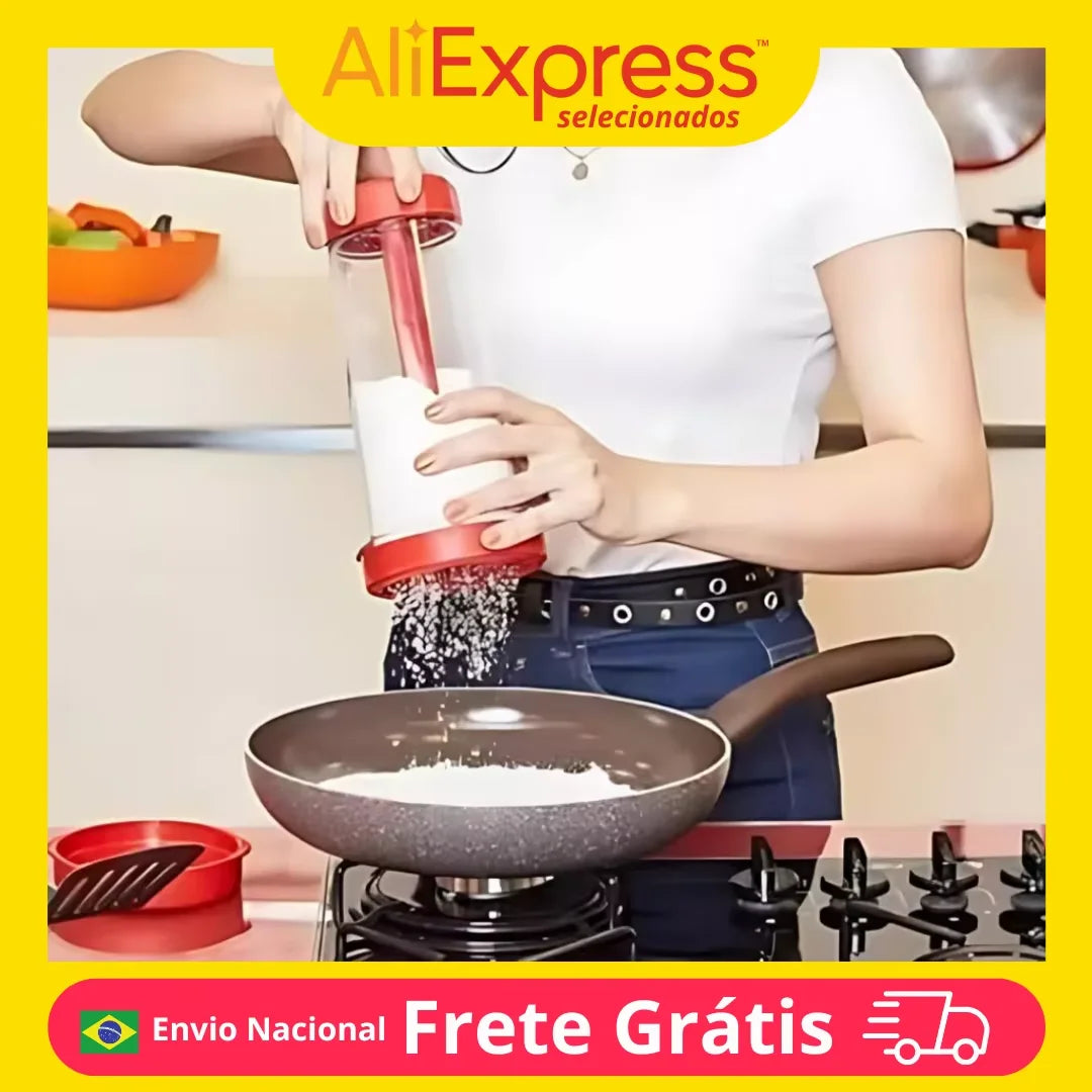 Peneira para tapioca, farinha e açúcar, utensílio de cozinha multiuso em aço inoxidável e plástico.