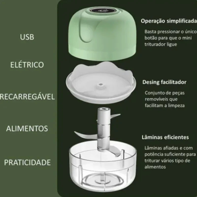 Mini Processador Elétrico de Alimentos Portátil com 3 lâminas de aço inox USB 250 ml Bivolt.