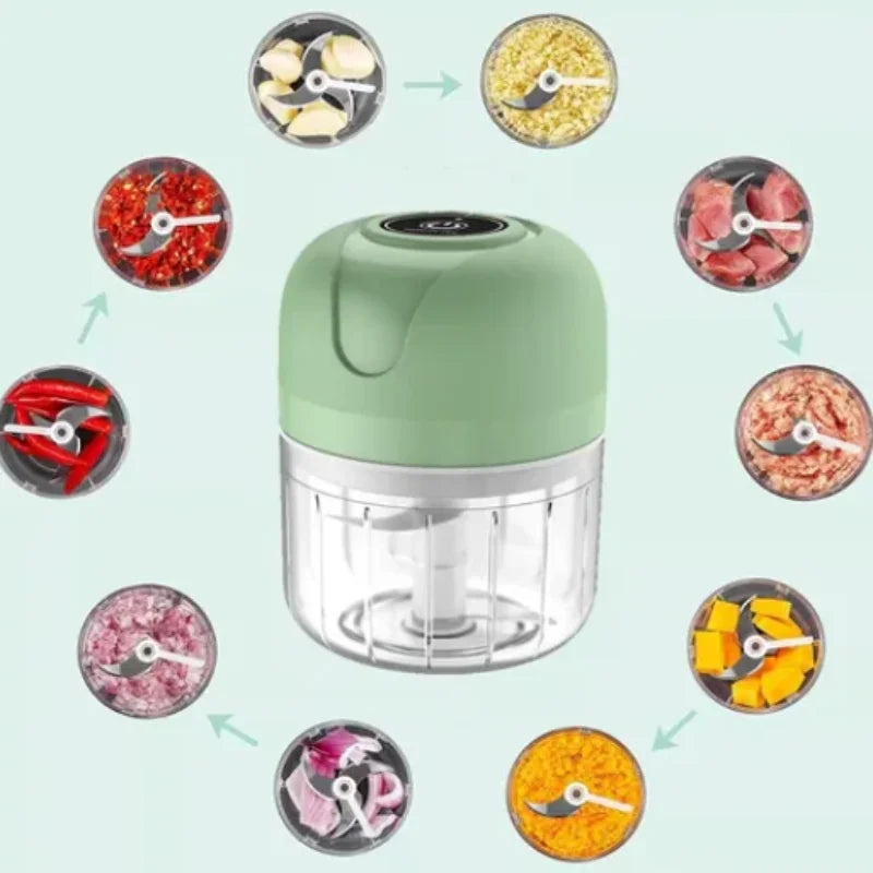 Mini Processador Elétrico de Alimentos Portátil com 3 lâminas de aço inox USB 250 ml Bivolt.