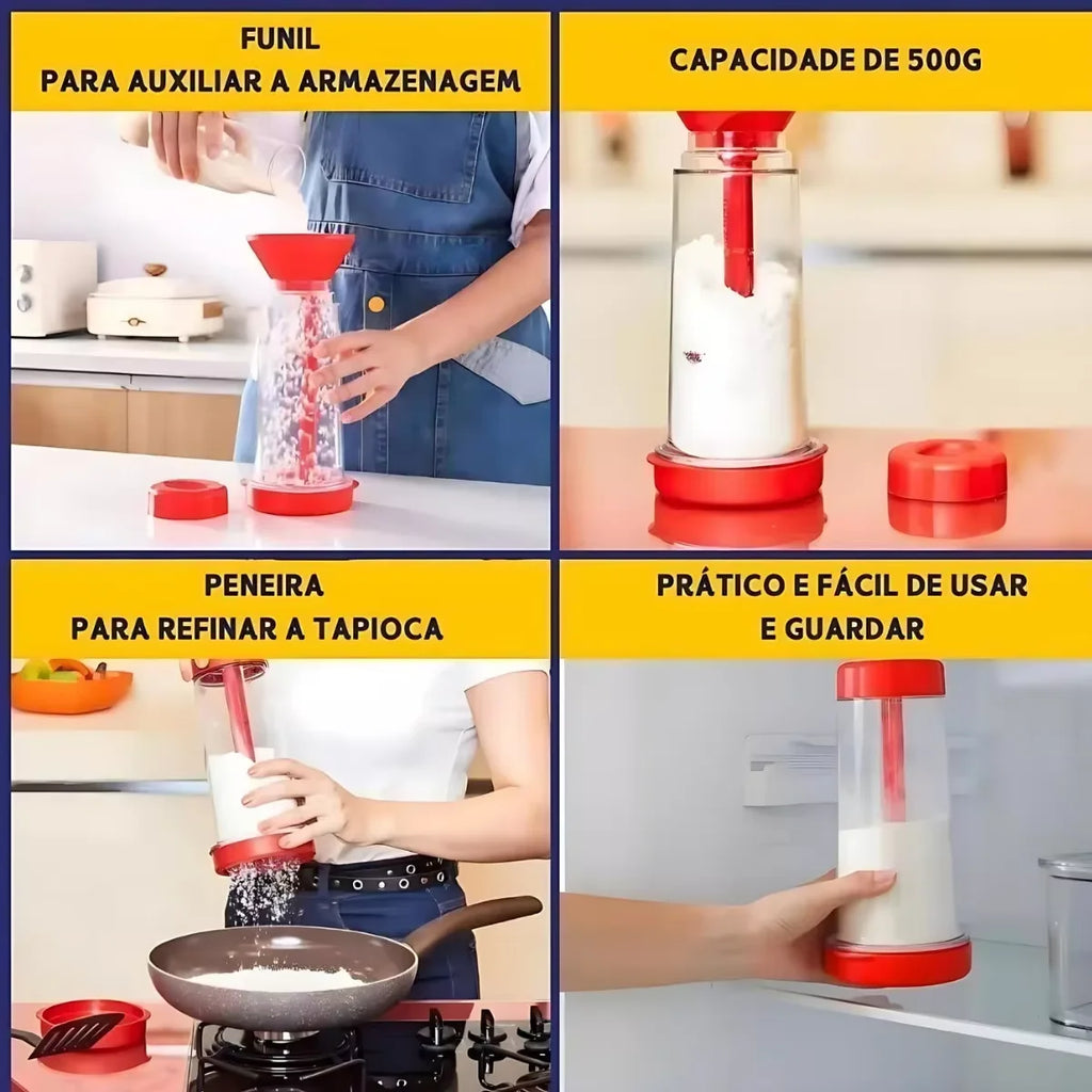 Peneira para tapioca, farinha e açúcar, utensílio de cozinha multiuso em aço inoxidável e plástico.