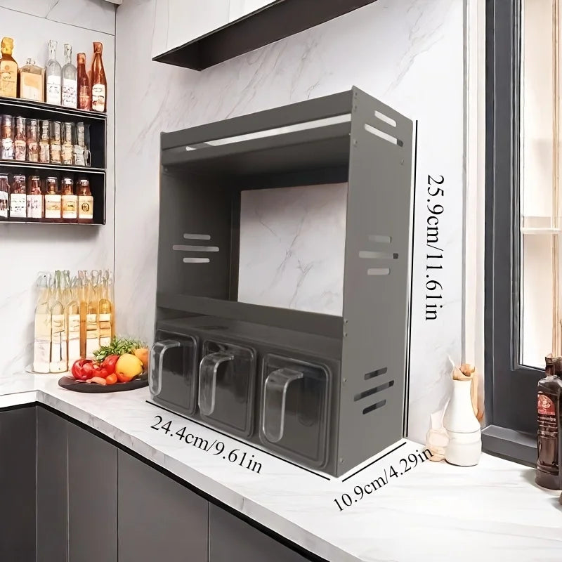 Conjunto de porta-temperos de parede para cozinha, sem necessidade de furar a parede, com recipientes herméticos e distribuidores.