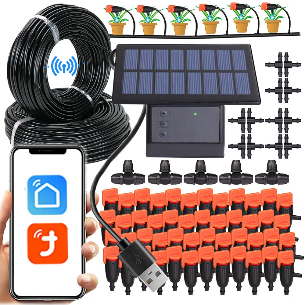 Sistema de irrigação por gotejamento inteligente com temporizador e controle remoto Tuya, compatível com Wi-Fi, para plantas de jardim, varanda e vasos.