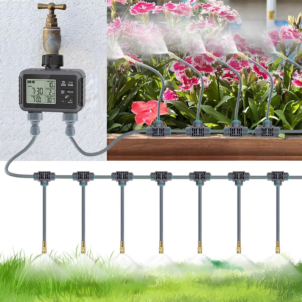 Controlador de irrigação para jardim com tela LCD inteligente independente de zona dupla, temporizador, kit de pulverização por atomização, sistema de resfriamento por névoa e dois controladores de irrigação.