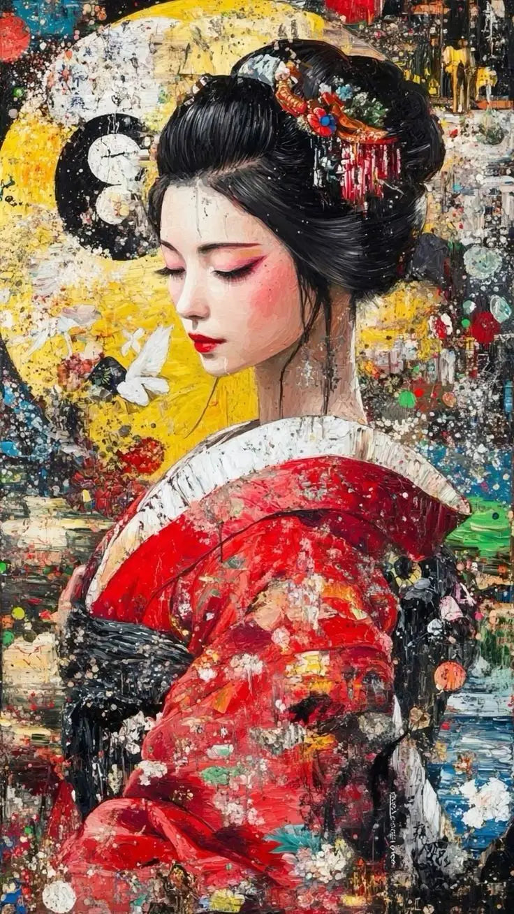 Pintura abstrata de gueixa japonesa em tela, arte de parede vintage, pôster de anime para quarto, sala de estar e decoração de casa.