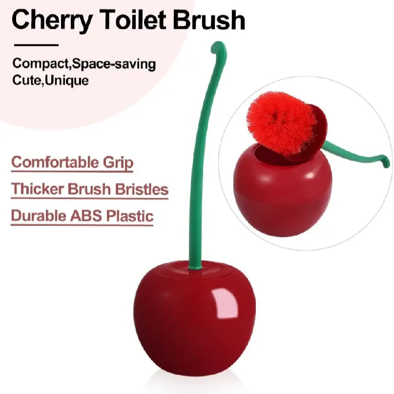 Escova de vaso sanitário em formato de cereja com cabo longo e cerdas macias, conjunto com suporte para escova de vaso sanitário, decoração de banheiro com tema de frutas e acessórios para banheiro.