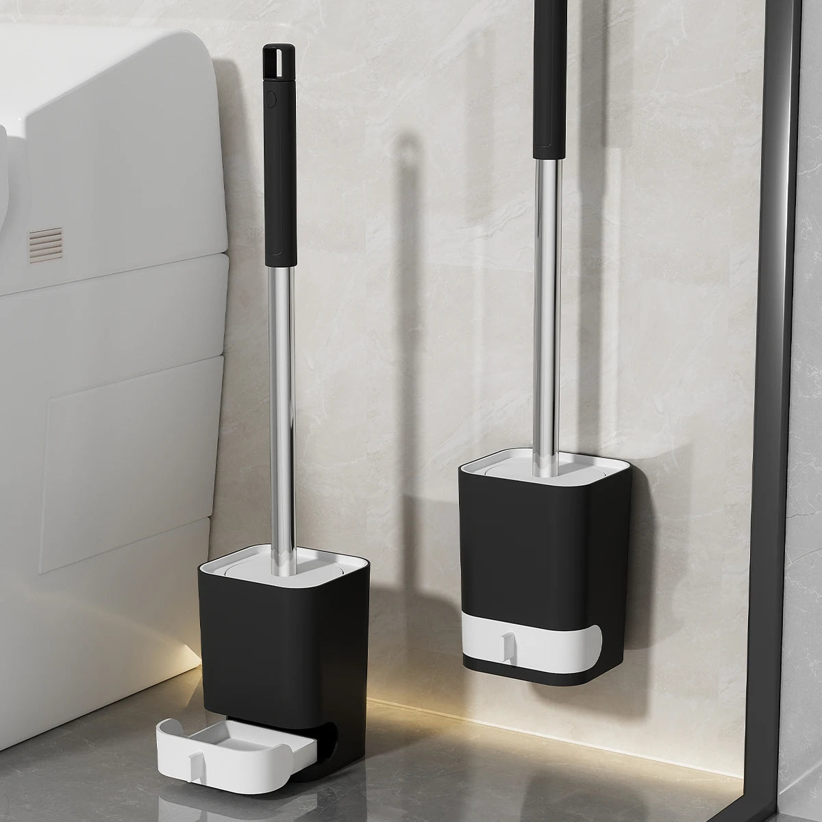 Escova de vaso sanitário de plástico com cabo longo WORTHBUY com base para drenagem, sem necessidade de furar, para montagem na parede, acessórios de banheiro