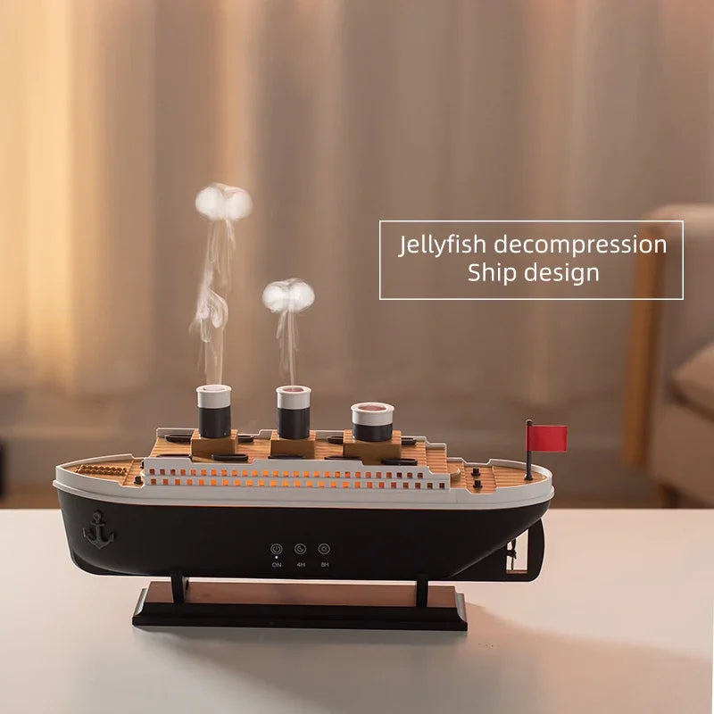 Umidificador de ar doméstico em formato de Titanic, 250ml, com controle remoto, para óleos essenciais, com aroma de anel de fumaça de água-viva.