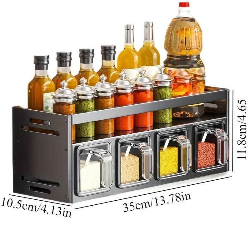 Conjunto de porta-temperos de parede para cozinha, sem necessidade de furar a parede, com recipientes herméticos e distribuidores.