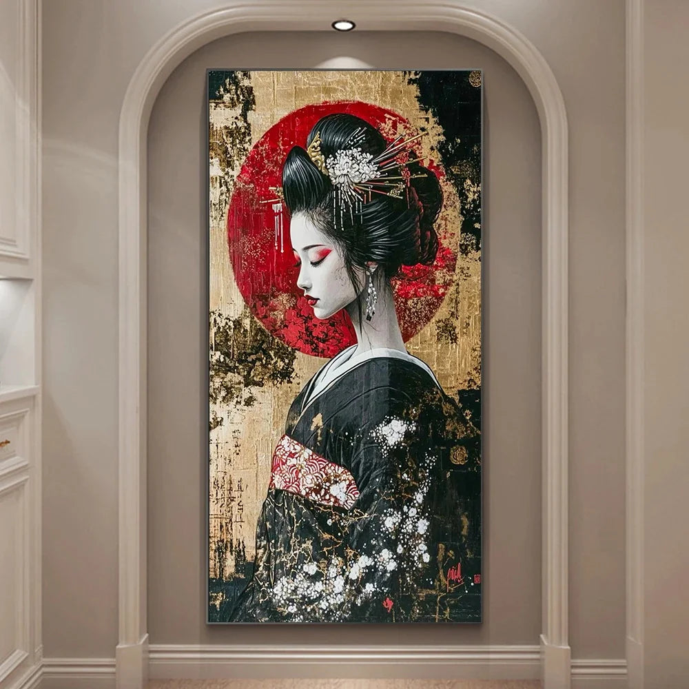 Pintura abstrata de gueixa japonesa em tela, arte de parede vintage, pôster de anime para quarto, sala de estar e decoração de casa.