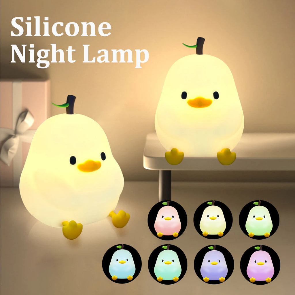 Luminária Noturna Fofa em Formato de Pera, 7 Cores, Regulável por Toque, Silicone, Anti-Stress, Patinho de Estimação, Recarregável via USB.