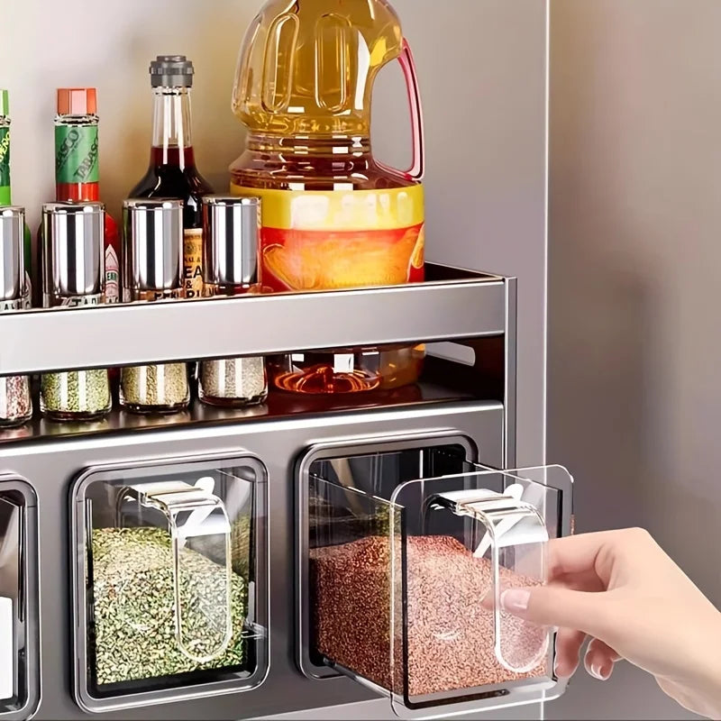 Conjunto de porta-temperos de parede para cozinha, sem necessidade de furar a parede, com recipientes herméticos e distribuidores.