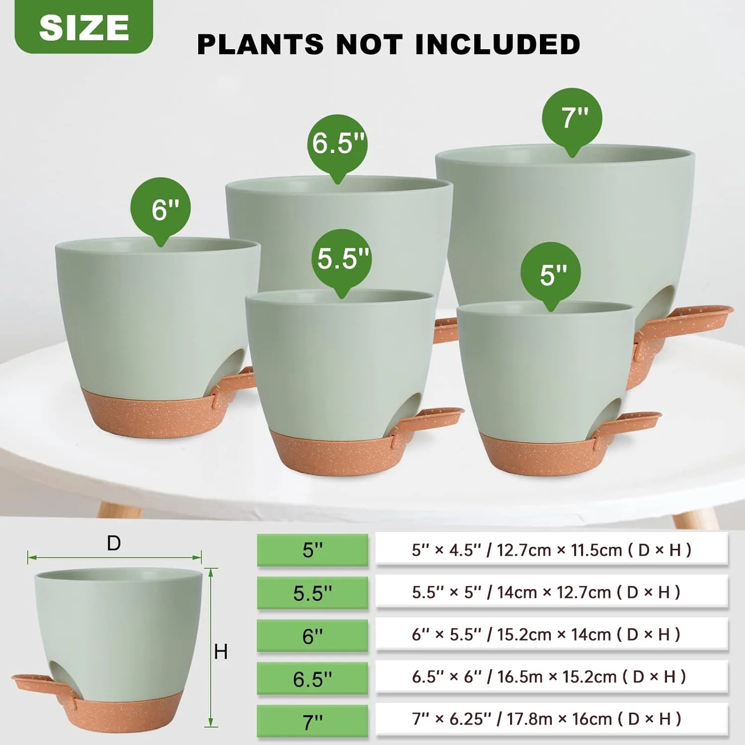 Conjunto de 5 vasos autoirrigáveis com furo de drenagem, vasos de plástico para viveiro, 7/6,5/6/5,5/5 polegadas.