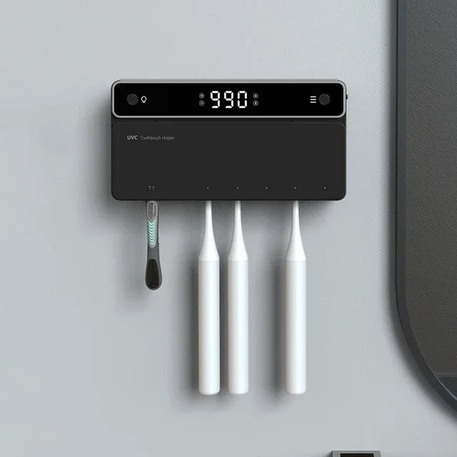 Novo porta-escovas de dentes multifuncional com esterilizador elétrico UV autolimpante para banheiro, luz noturna UVC recarregável.
