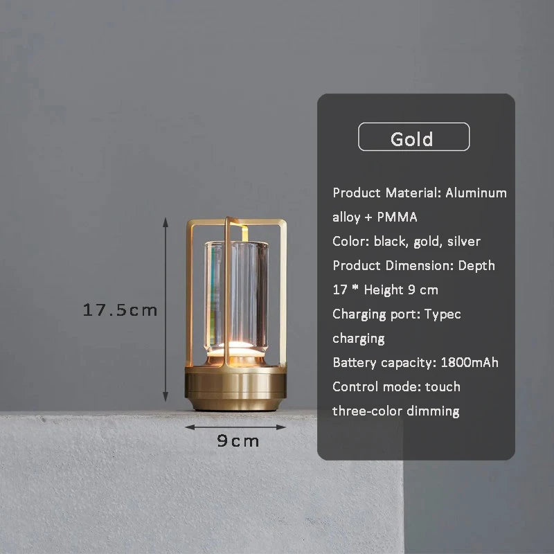 Luminária de mesa LED recarregável em liga de alumínio e cristal, ideal para decoração.