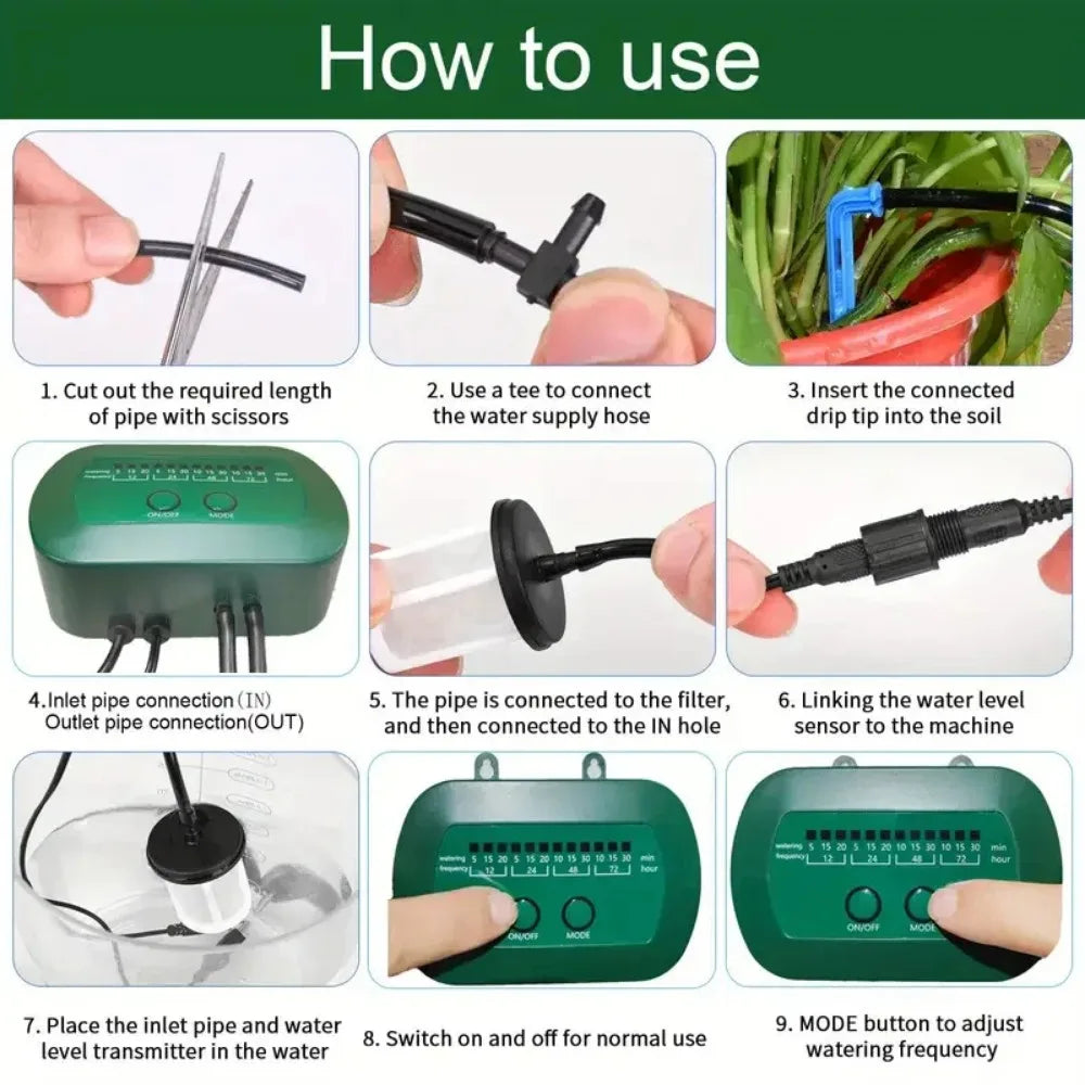 O sistema de irrigação inteligente por gotejamento solar para exteriores está equipado com uma bateria de 1800mAh para irrigação programada de plantas.