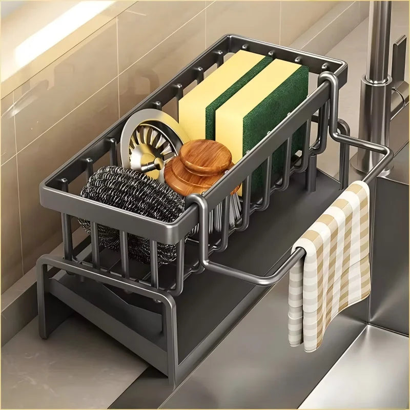 Organizador de pia com escorredor – Armazenamento de utensílios/acessórios que economiza espaço na cozinha.