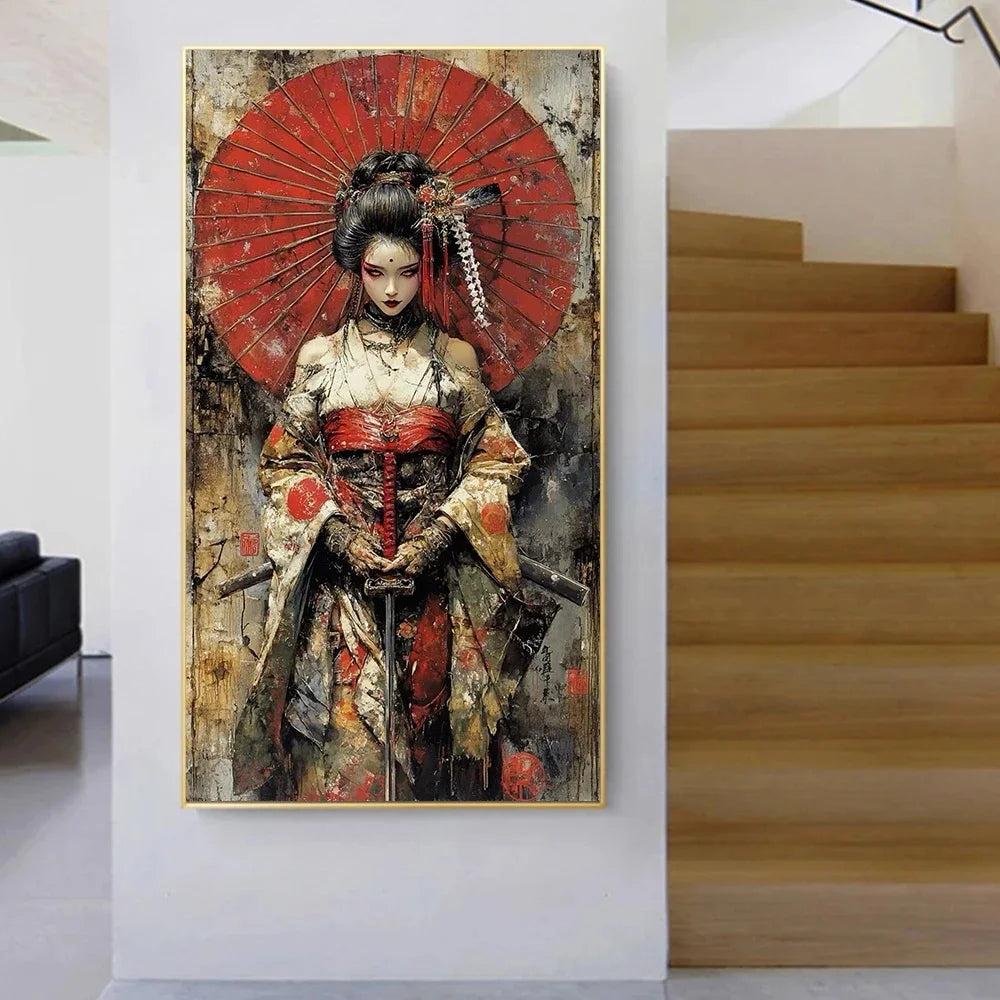 Pintura abstrata de gueixa japonesa em tela, arte de parede vintage, pôster de anime para quarto, sala de estar e decoração de casa.