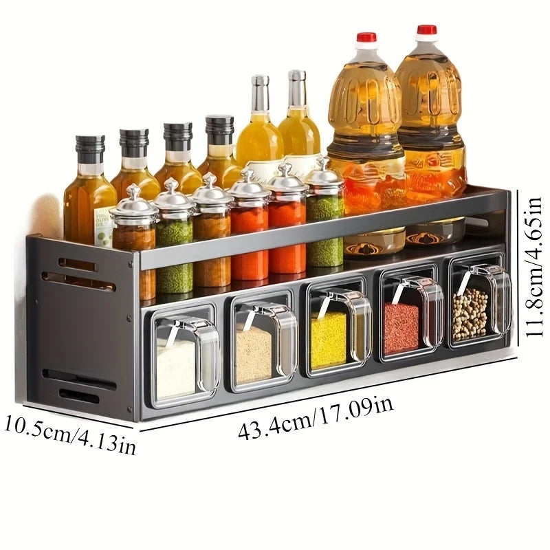 Conjunto de porta-temperos de parede para cozinha, sem necessidade de furar a parede, com recipientes herméticos e distribuidores.