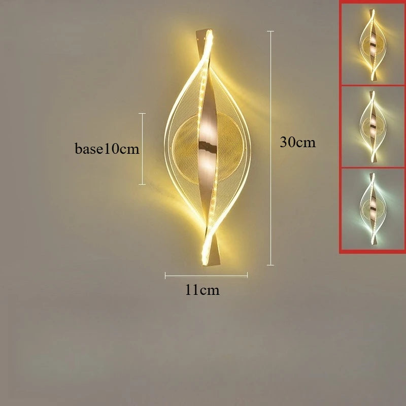 Luminária de parede LED moderna em acrílico dourado com acabamento brilhante para hall de entrada, quarto e sala de estar. Ideal para decoração de ambientes, paredes e outros ambientes.