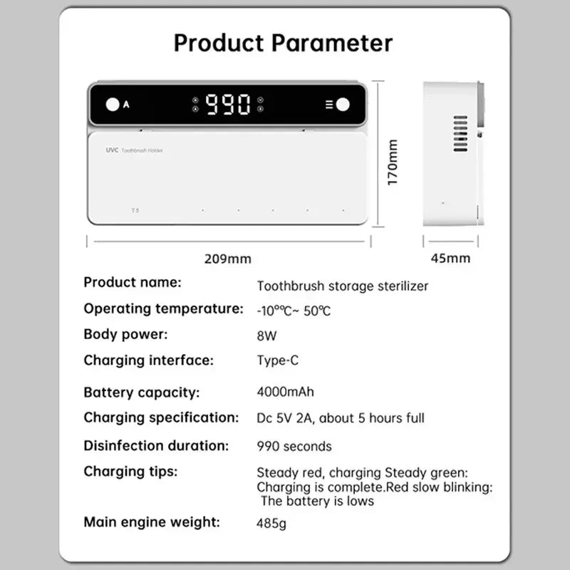 Novo porta-escovas de dentes multifuncional com esterilizador elétrico UV autolimpante para banheiro, luz noturna UVC recarregável.