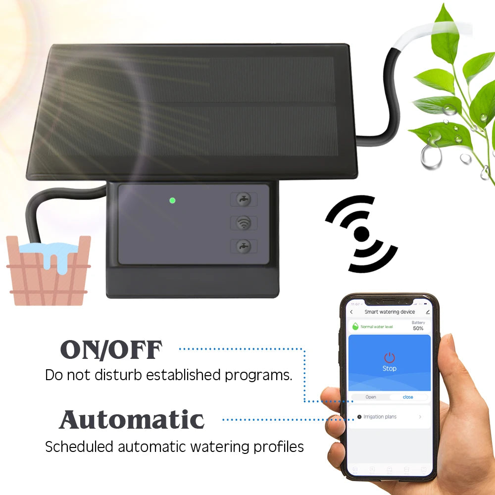 Sistema de irrigação por gotejamento inteligente com temporizador e controle remoto Tuya, compatível com Wi-Fi, para plantas de jardim, varanda e vasos.