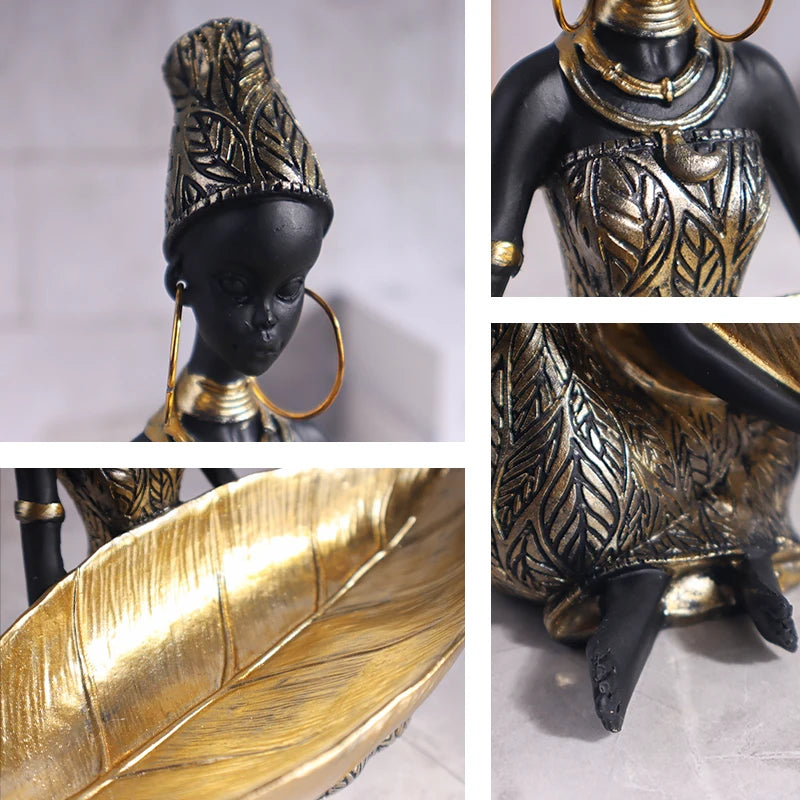 Escultura de menina africana segurando um prato, ornamento decorativo para casa e escritório, peça vintage colecionável para decoração de mesa.