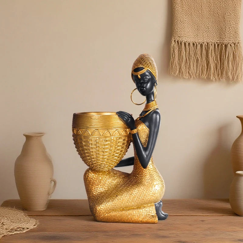 Escultura de menina africana segurando um prato, ornamento decorativo para casa e escritório, peça vintage colecionável para decoração de mesa.