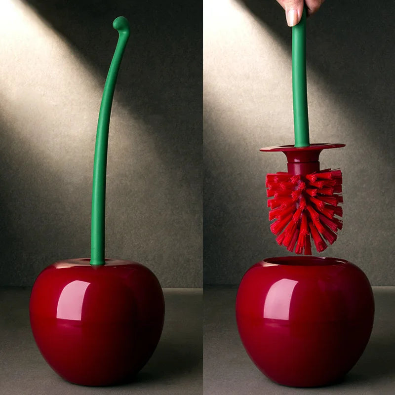 Escova de vaso sanitário em formato de cereja com cabo longo e cerdas macias, conjunto com suporte para escova de vaso sanitário, decoração de banheiro com tema de frutas e acessórios para banheiro.
