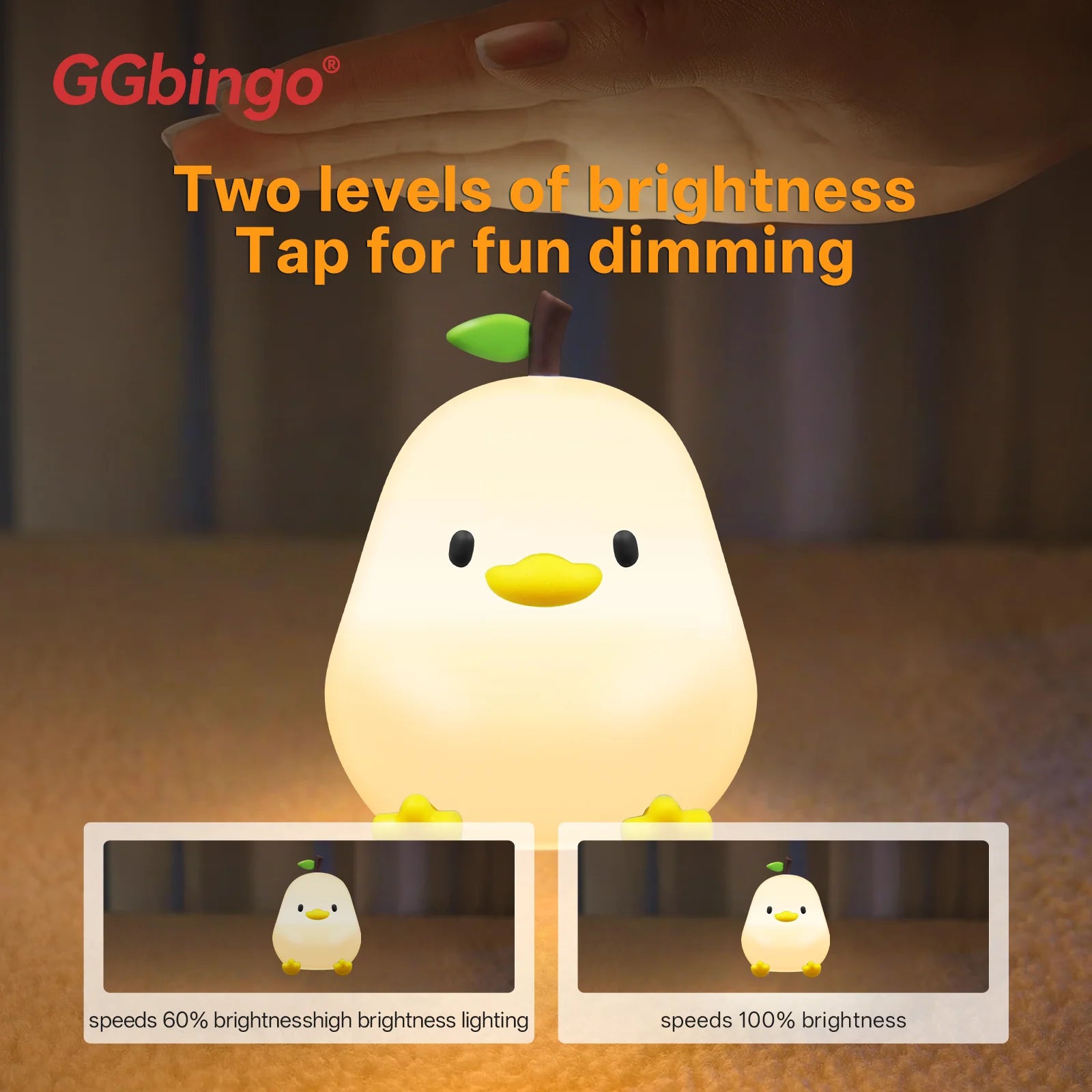 Luminária Noturna Fofa em Formato de Pera, 7 Cores, Regulável por Toque, Silicone, Anti-Stress, Patinho de Estimação, Recarregável via USB.