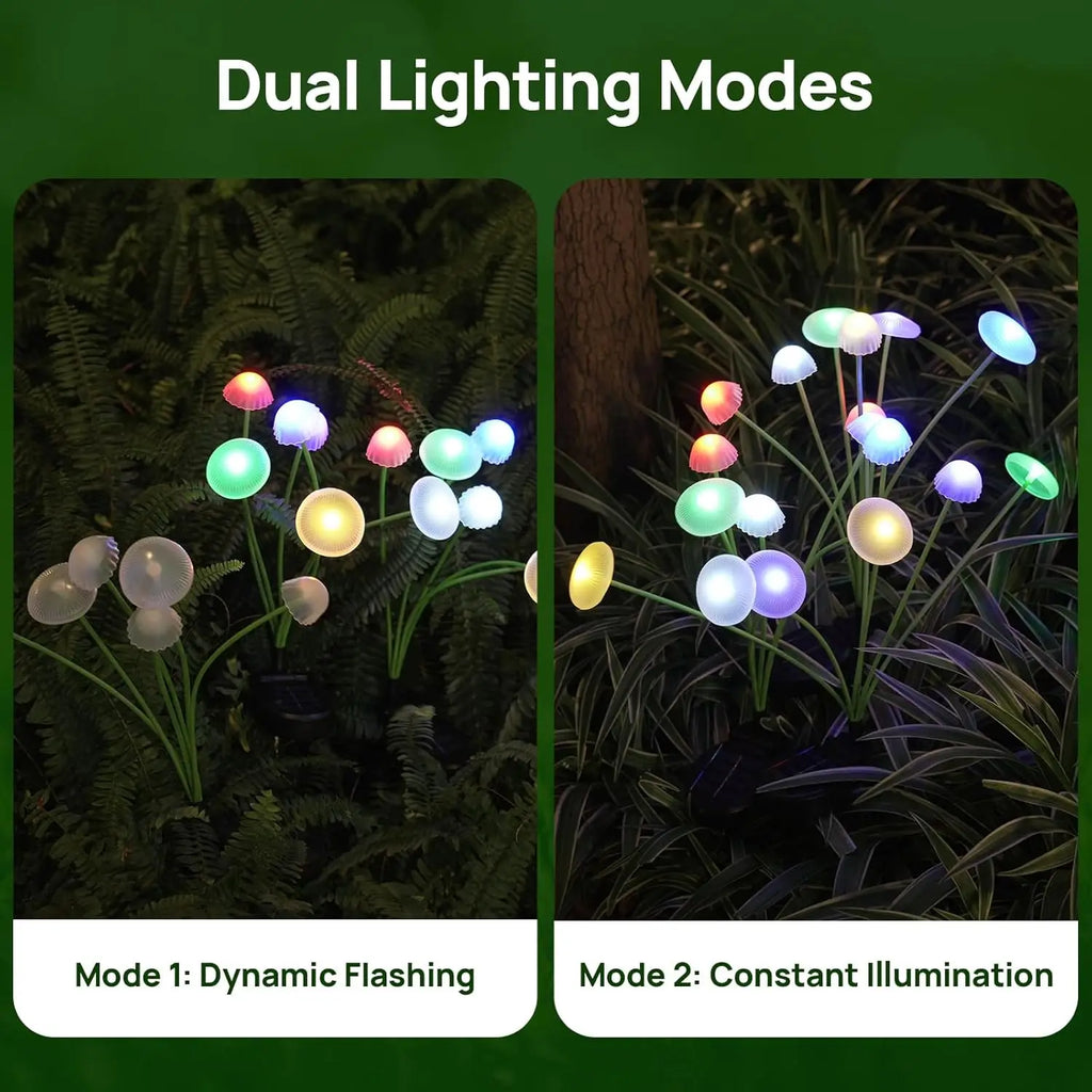Luminária solar de jardim com LED de modo duplo, em formato de cogumelo, à prova d'água, para decoração de quintal, pátio e caminho, criando um ambiente aconchegante no jardim.