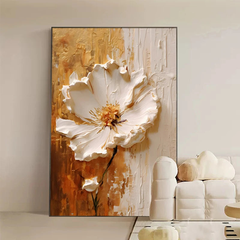 Pintura a óleo abstrata de flor branca impressa em tela, pôsteres e impressões florais de luxo para decoração de parede, varanda e sala de estar.