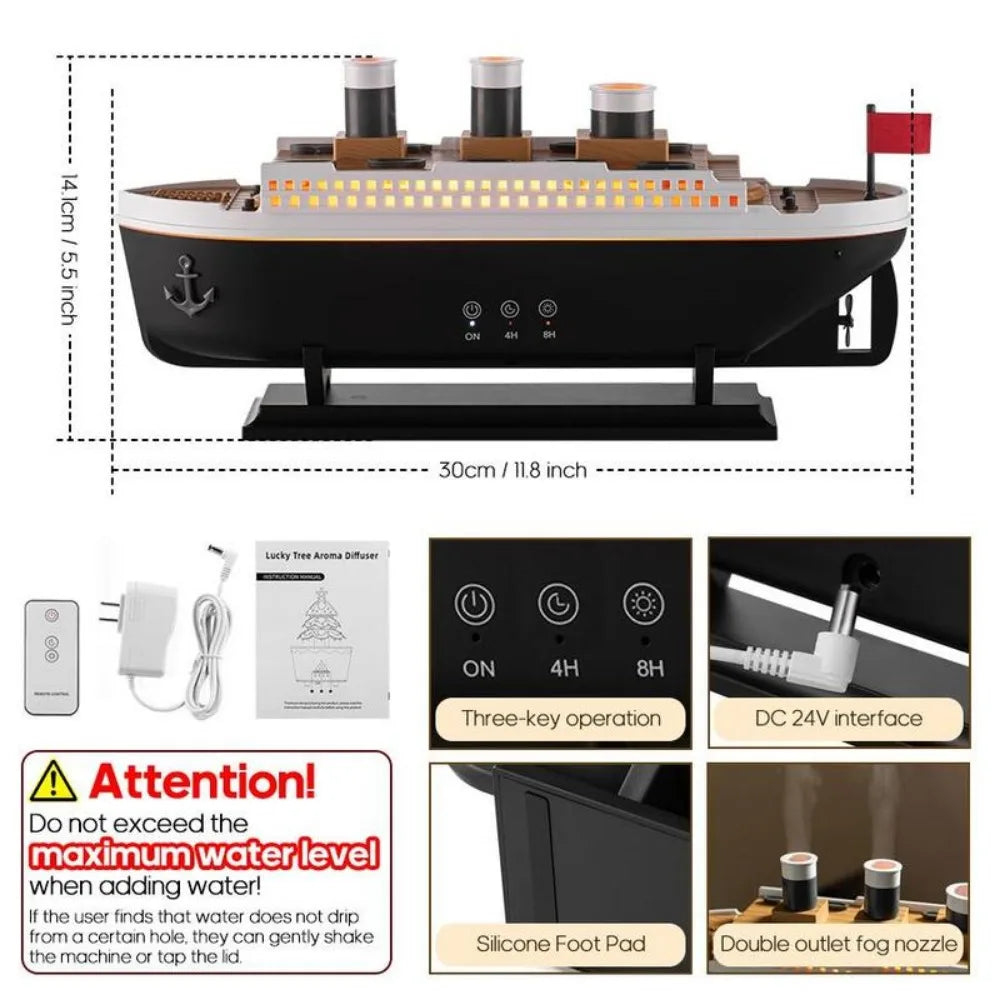 Umidificador de ar doméstico em formato de Titanic, 250ml, com controle remoto, para óleos essenciais, com aroma de anel de fumaça de água-viva.
