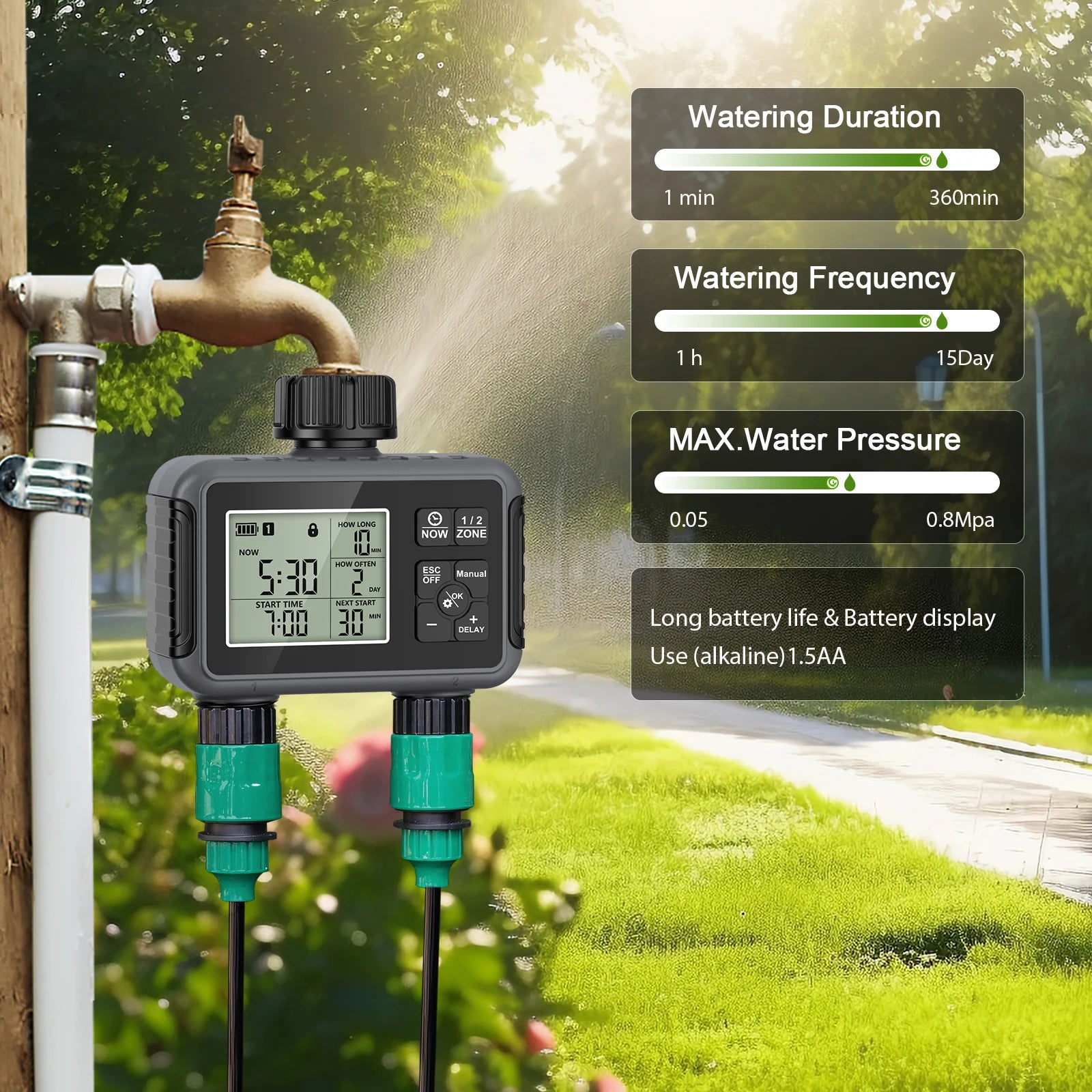 Controlador de irrigação para jardim com tela LCD inteligente independente de zona dupla, temporizador, kit de pulverização por atomização, sistema de resfriamento por névoa e dois controladores de irrigação.