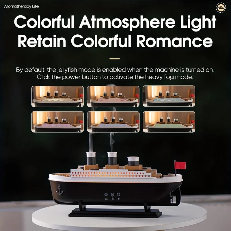 Umidificador de ar doméstico em formato de Titanic, 250ml, com controle remoto, para óleos essenciais, com aroma de anel de fumaça de água-viva.