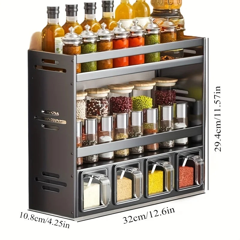 Conjunto de porta-temperos de parede para cozinha, sem necessidade de furar a parede, com recipientes herméticos e distribuidores.