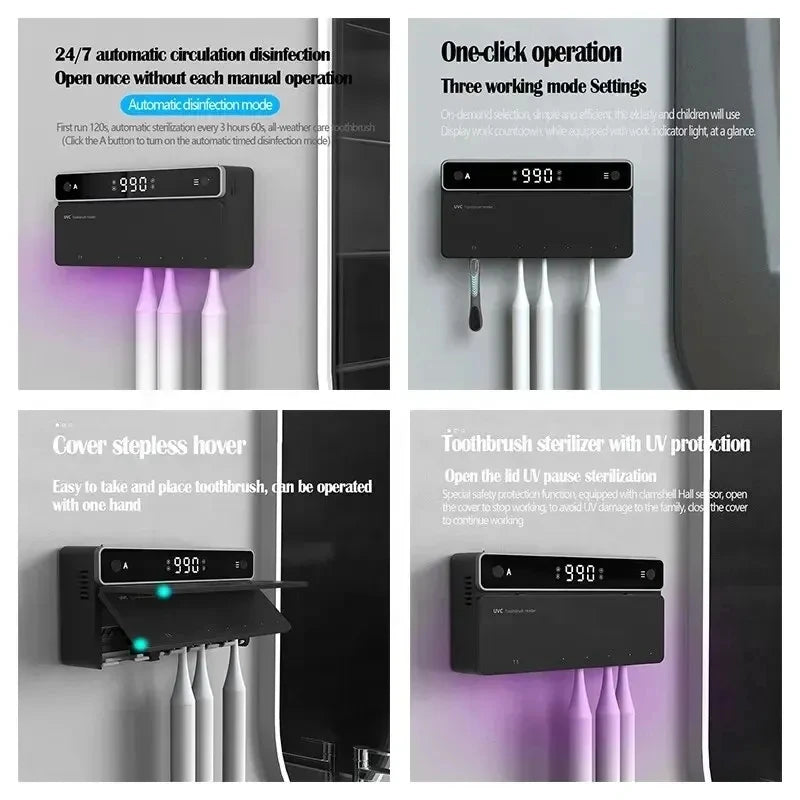 Novo porta-escovas de dentes multifuncional com esterilizador elétrico UV autolimpante para banheiro, luz noturna UVC recarregável.