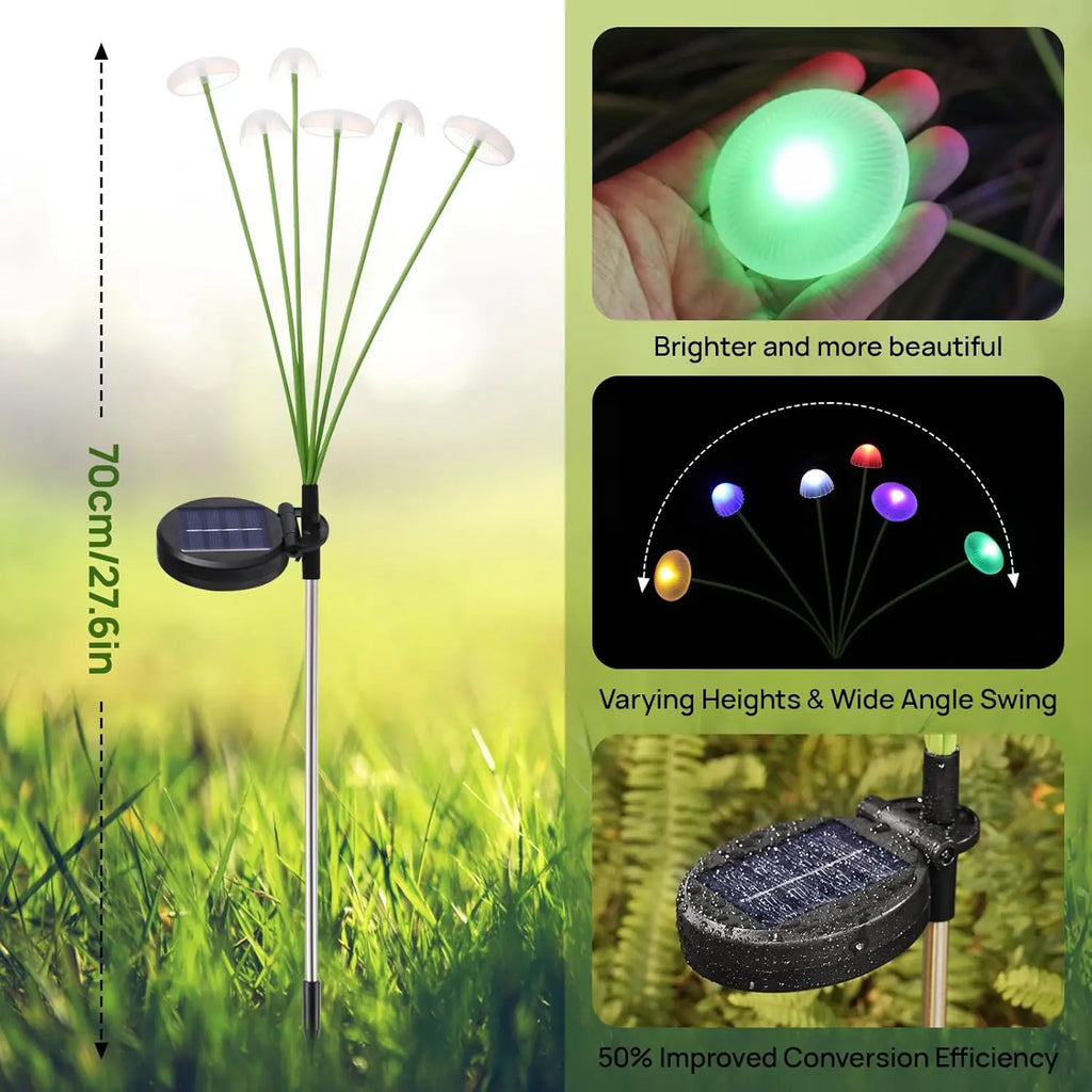 Luminária solar de jardim com LED de modo duplo, em formato de cogumelo, à prova d'água, para decoração de quintal, pátio e caminho, criando um ambiente aconchegante no jardim.