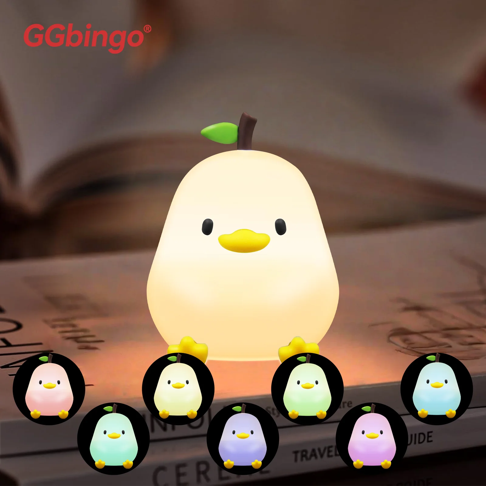 Luminária Noturna Fofa em Formato de Pera, 7 Cores, Regulável por Toque, Silicone, Anti-Stress, Patinho de Estimação, Recarregável via USB.