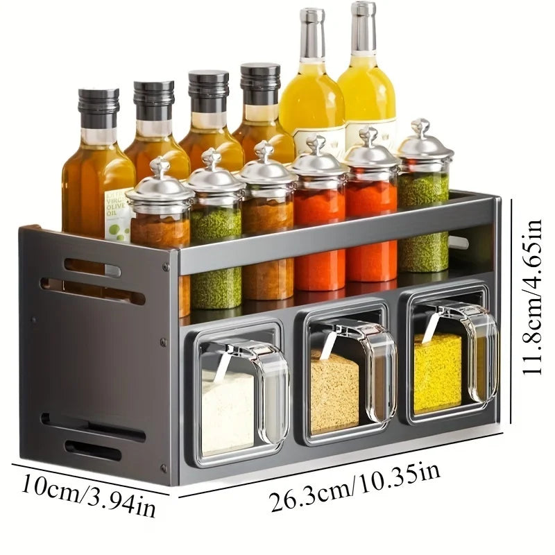 Conjunto de porta-temperos de parede para cozinha, sem necessidade de furar a parede, com recipientes herméticos e distribuidores.