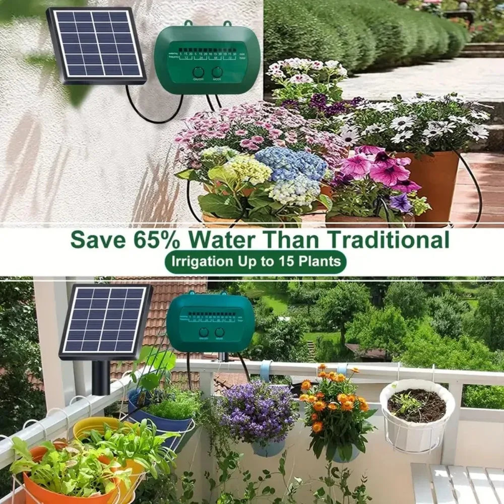 O sistema de irrigação inteligente por gotejamento solar para exteriores está equipado com uma bateria de 1800mAh para irrigação programada de plantas.