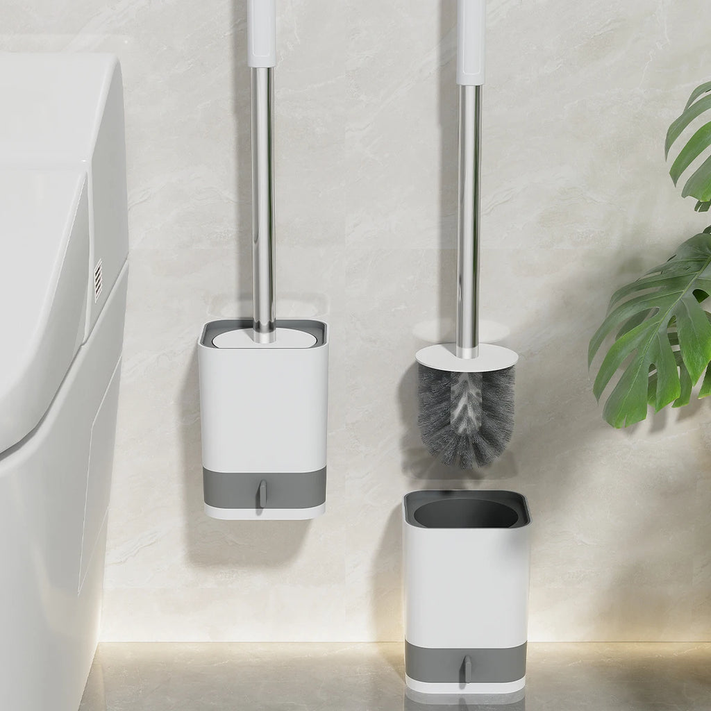 Escova de vaso sanitário de plástico com cabo longo WORTHBUY com base para drenagem, sem necessidade de furar, para montagem na parede, acessórios de banheiro
