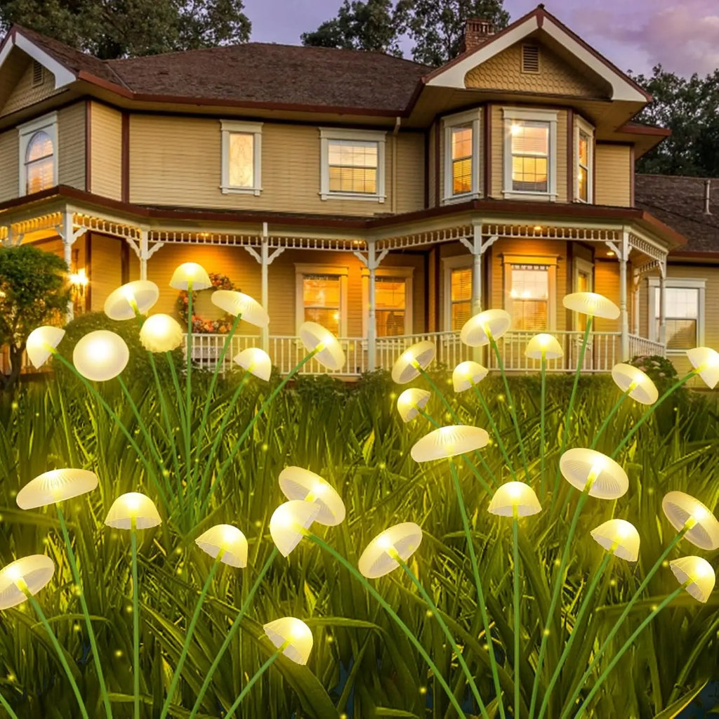 Luminária solar de jardim com LED de modo duplo, em formato de cogumelo, à prova d'água, para decoração de quintal, pátio e caminho, criando um ambiente aconchegante no jardim.