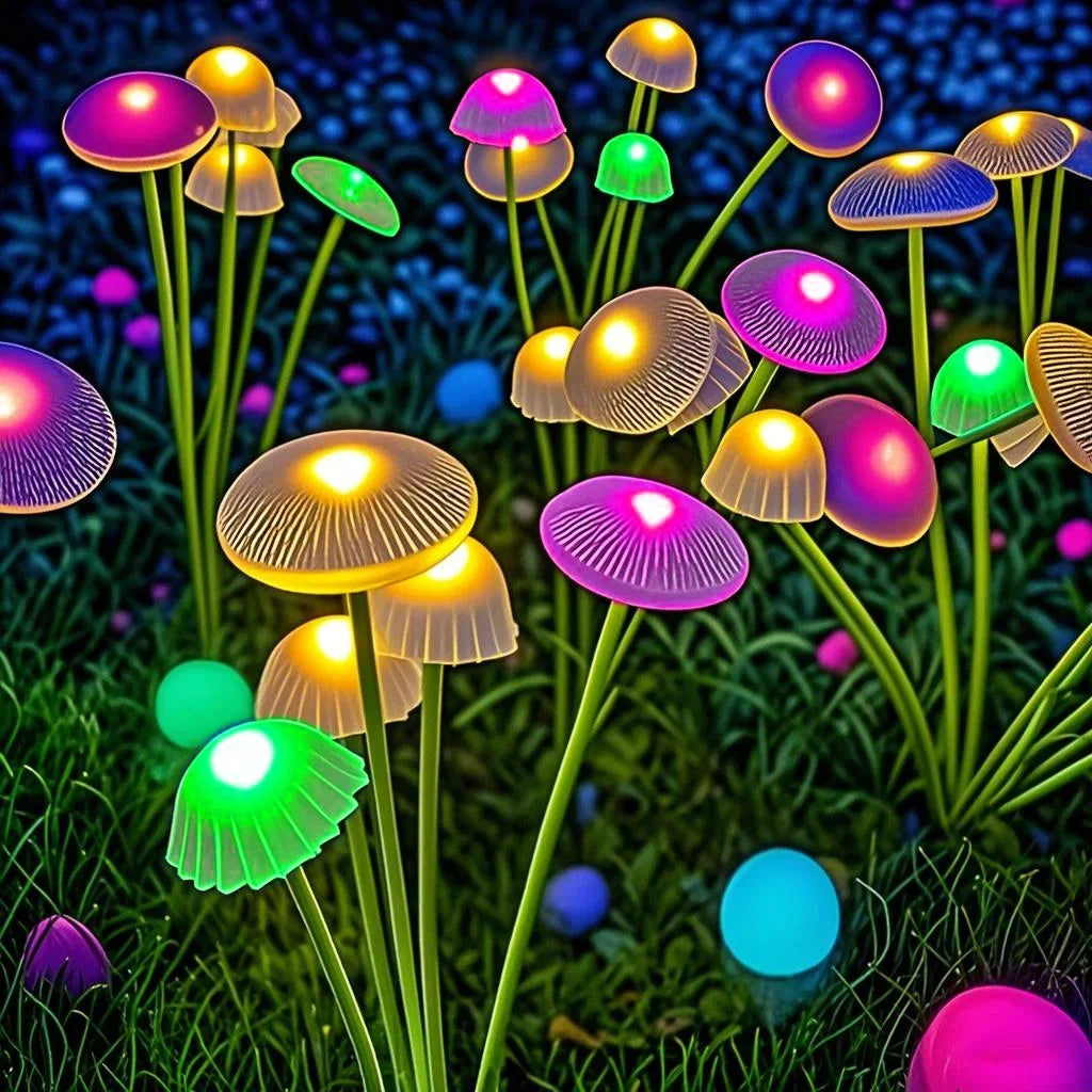 Luminária solar de jardim com LED de modo duplo, em formato de cogumelo, à prova d'água, para decoração de quintal, pátio e caminho, criando um ambiente aconchegante no jardim.