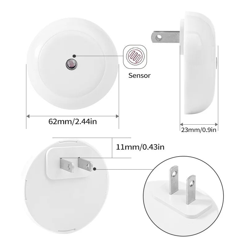 Luminária noturna LED com sensor inteligente de acendimento automático ao anoitecer, ideal para banheiro, corredor, cozinha, escada e quarto.