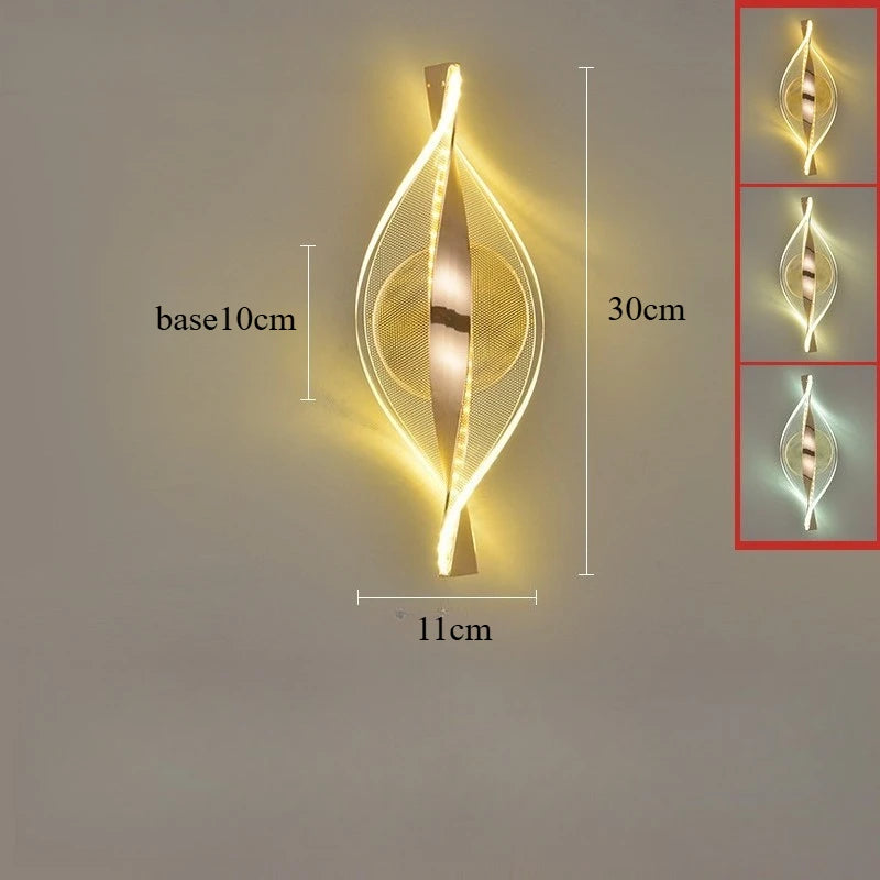 Luminária de parede LED moderna em acrílico dourado com acabamento brilhante para hall de entrada, quarto e sala de estar. Ideal para decoração de ambientes, paredes e outros ambientes.