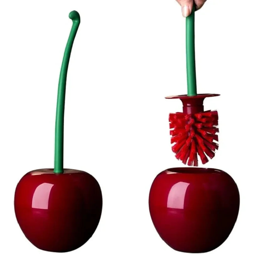 Escova de vaso sanitário em formato de cereja com cabo longo e cerdas macias, conjunto com suporte para escova de vaso sanitário, decoração de banheiro com tema de frutas e acessórios para banheiro.