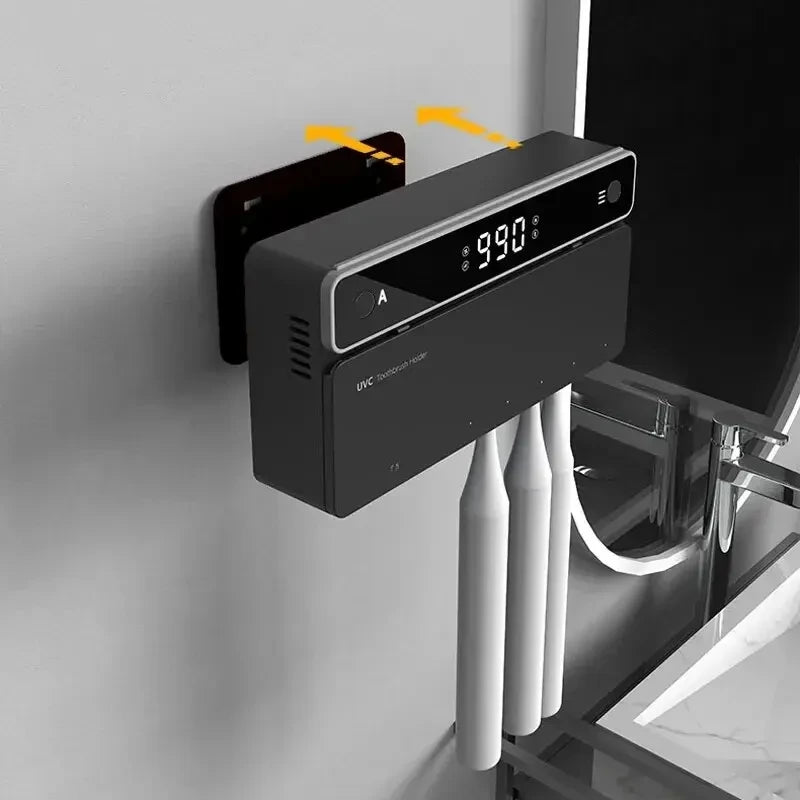 Novo porta-escovas de dentes multifuncional com esterilizador elétrico UV autolimpante para banheiro, luz noturna UVC recarregável.