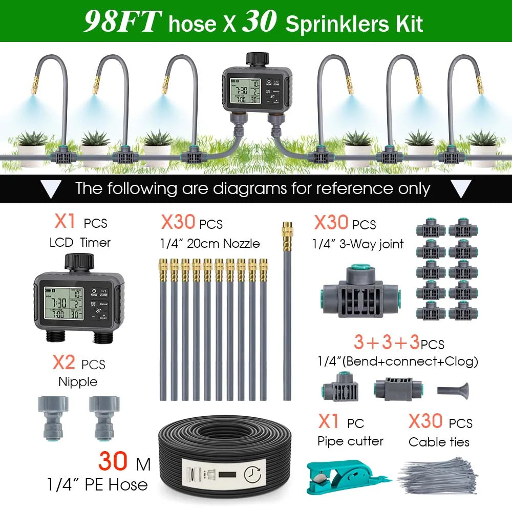 Controlador de irrigação para jardim com tela LCD inteligente independente de zona dupla, temporizador, kit de pulverização por atomização, sistema de resfriamento por névoa e dois controladores de irrigação.