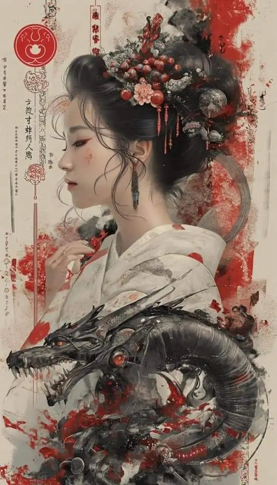 Pintura abstrata de gueixa japonesa em tela, arte de parede vintage, pôster de anime para quarto, sala de estar e decoração de casa.