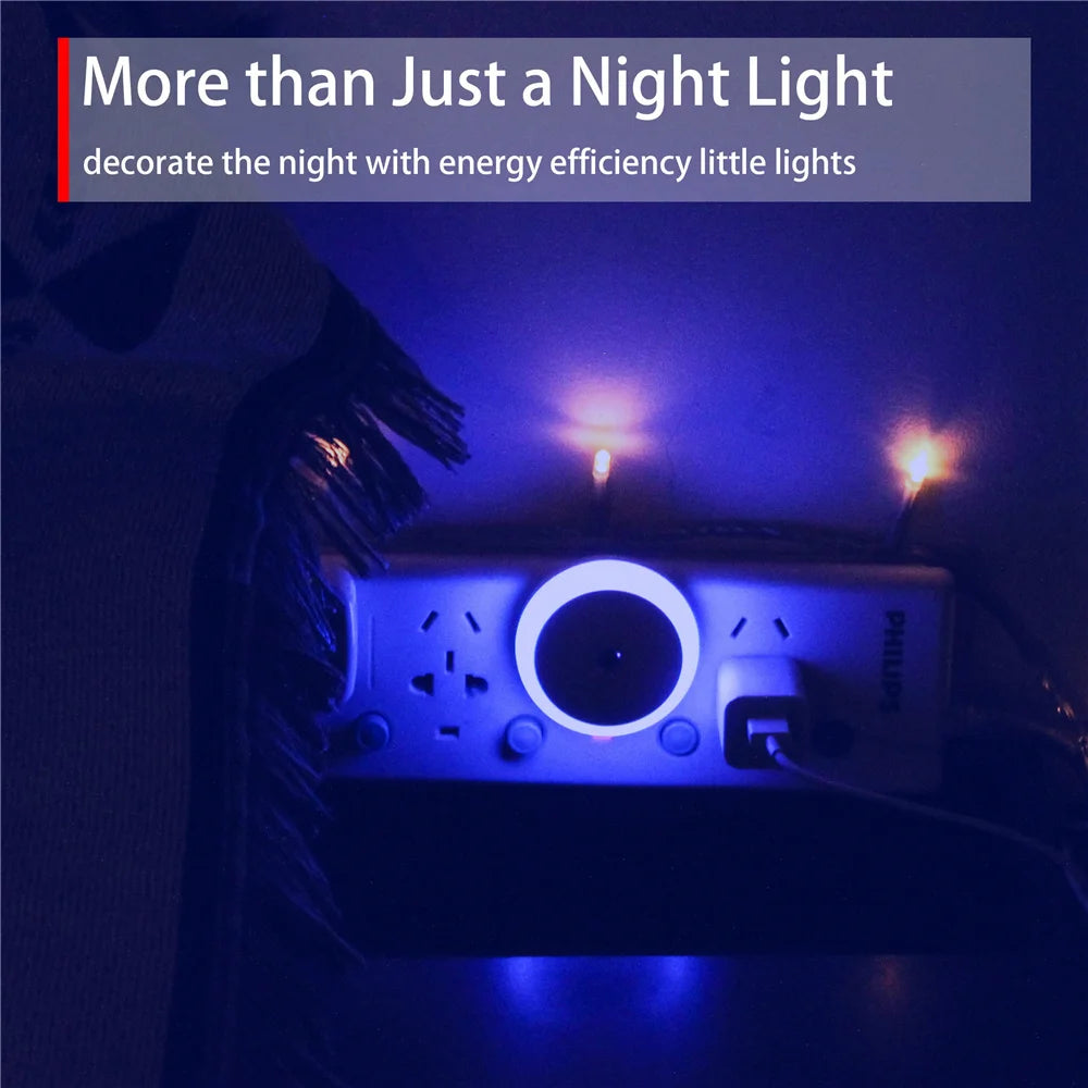 Luminária noturna LED com sensor inteligente de acendimento automático ao anoitecer, ideal para banheiro, corredor, cozinha, escada e quarto.
